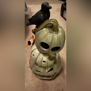 Super cute light up three tier gray pumpkins with a black crow on top